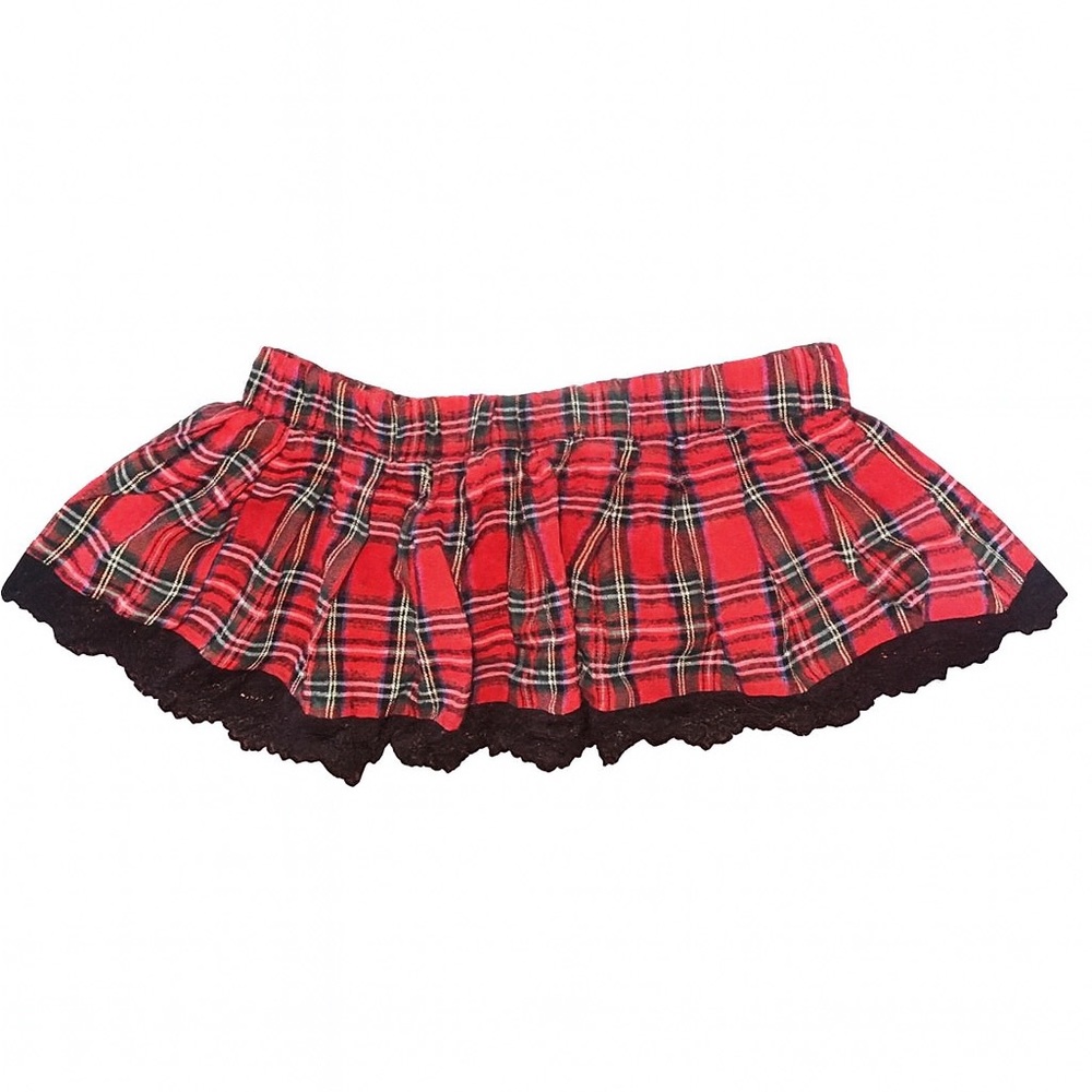 Red Plaid Women's Skirt with Black Lace Trim